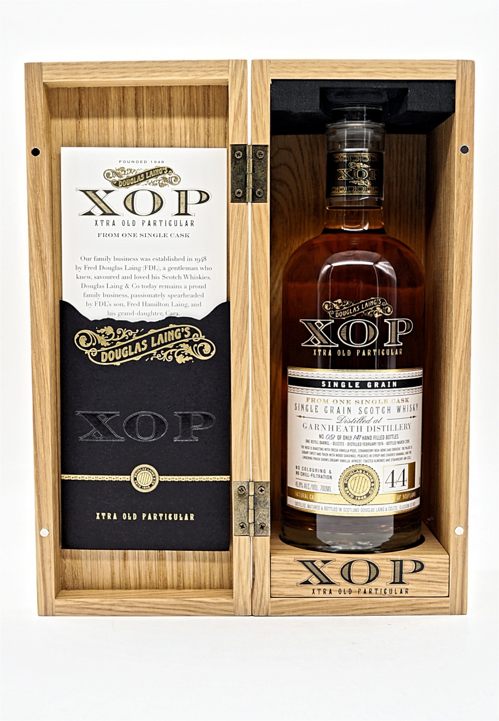 XOP Xtra Old Particular Garnheath 44 Jahre 1974/2018 Flasche No. 51/141 Single Cask Single Grain Scotch Whisky 